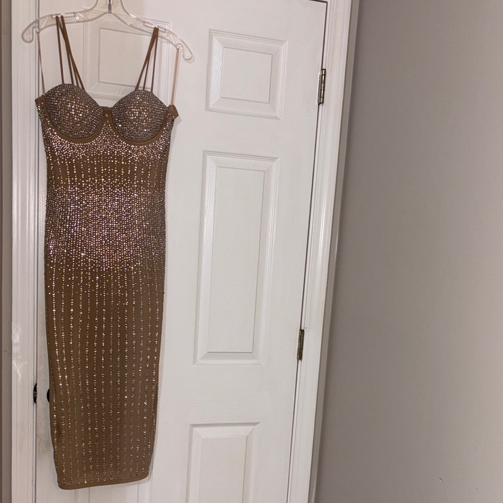 Elegant TAN Strapless Dress w/Rhinestones